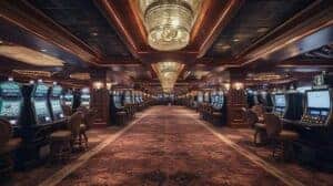 Luxurious casino interior with slot machines and chandeliers