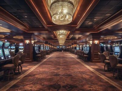 Luxurious casino interior with slot machines and chandeliers