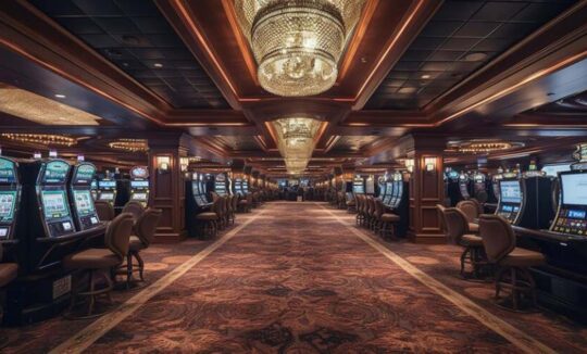 Luxurious casino interior with slot machines and chandeliers