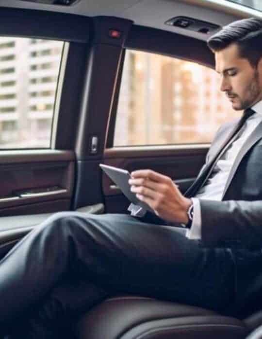 Businessman using tablet in luxury car backseat