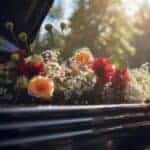 Flower arrangement on casket at outdoor funeral