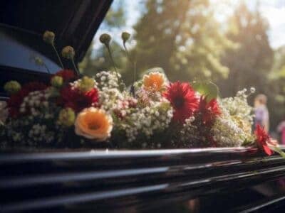 Flower arrangement on casket at outdoor funeral