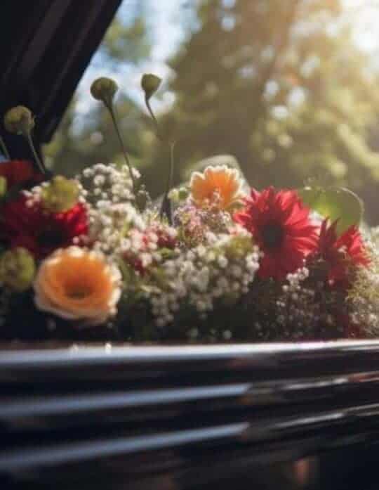 Flower arrangement on casket at outdoor funeral