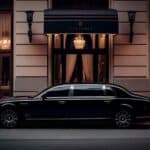 Black luxury limousine parked outside elegant hotel entrance