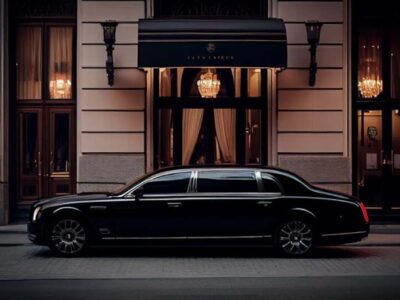 Black luxury limousine parked outside elegant hotel entrance