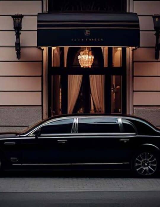 Black luxury limousine parked outside elegant hotel entrance