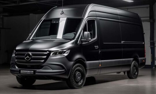 Black Mercedes-Benz cargo van in garage