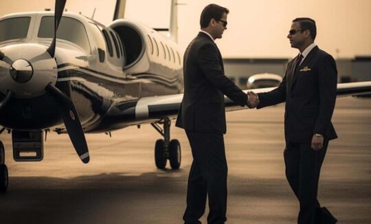Two businessmen shaking hands beside private airplane
