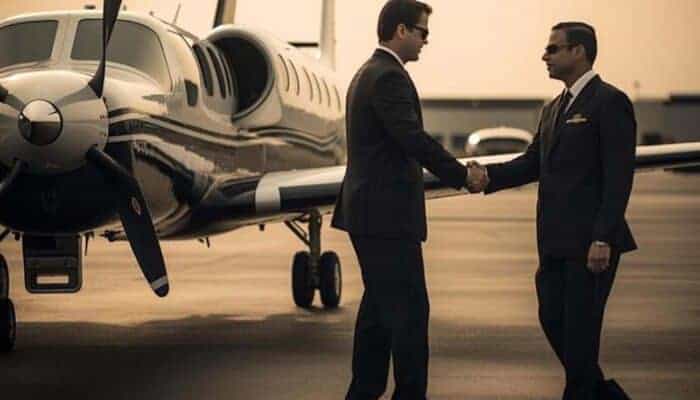 Two businessmen shaking hands beside private airplane