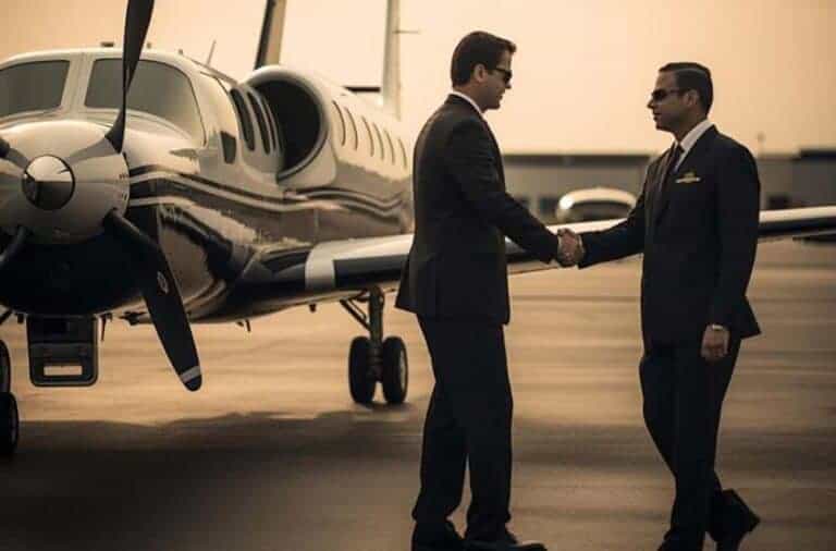 Two businessmen shaking hands beside private airplane