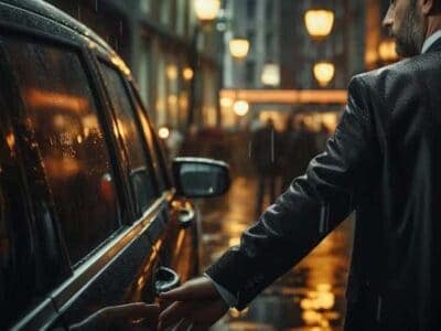 Man in suit opening car door in rain