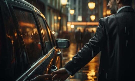 Man in suit opening car door in rain