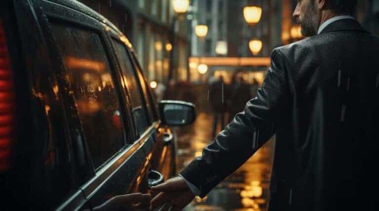 Man in suit opening car door in rain