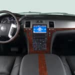 Car interior dashboard with steering wheel and console