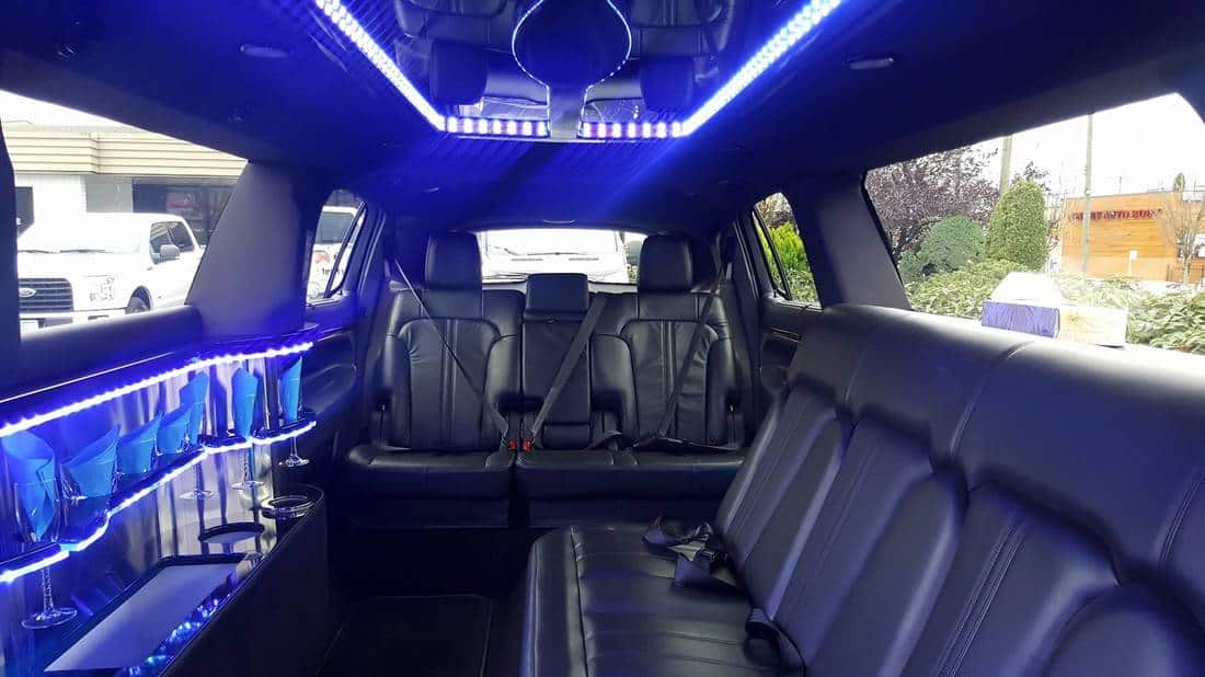 Luxury limousine interior with blue LED lighting
