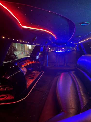 Luxury limousine interior with neon LED lighting