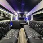 Luxury shuttle van interior with quilted leather seating