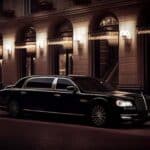 Black luxury sedan parked outside upscale hotel at night