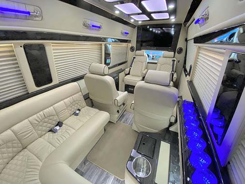 Luxury van interior with leather seats and LED lighting