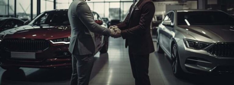 Two men shaking hands in car dealership showroom