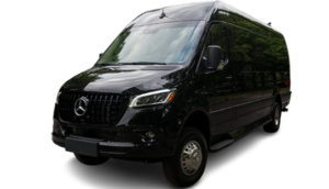 Black Mercedes-Benz Sprinter cargo van, front three-quarter view