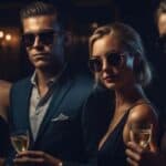 Four stylish adults wearing sunglasses holding champagne glasses