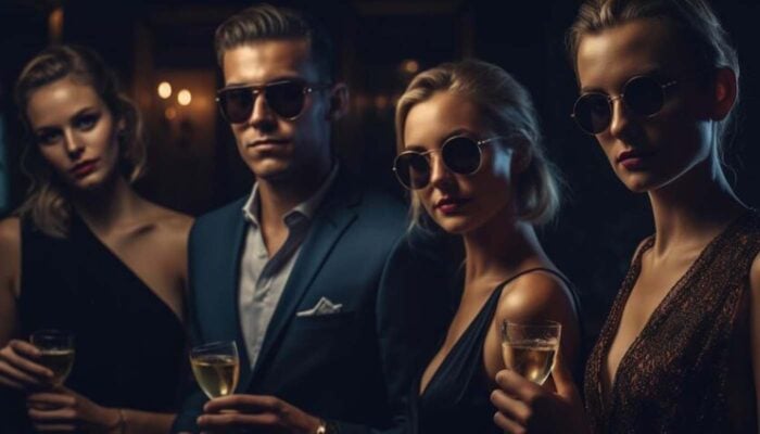 Four stylish adults wearing sunglasses holding champagne glasses