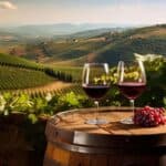 Two glasses of red wine overlooking vineyard hills