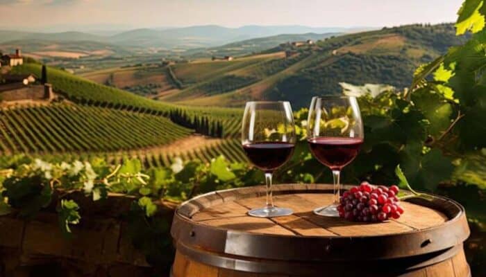 Two glasses of red wine overlooking vineyard hills