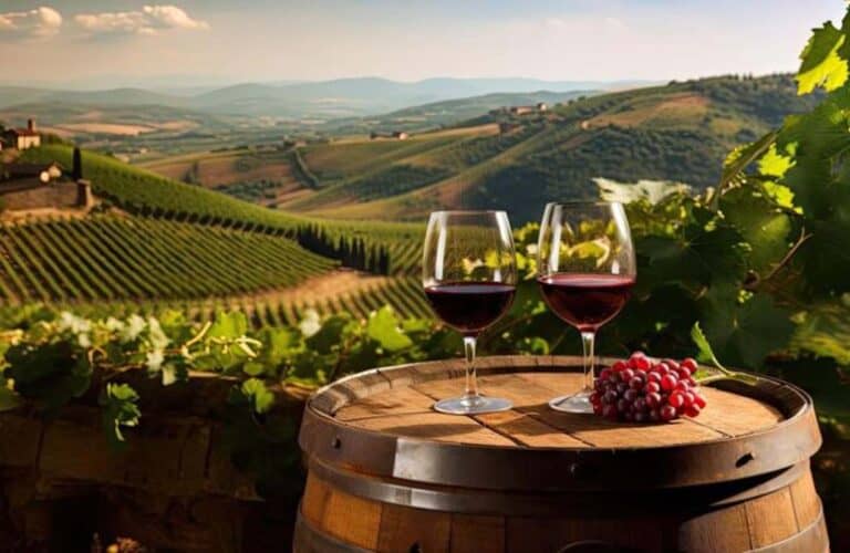 Two glasses of red wine overlooking vineyard hills