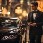 Man in tuxedo beside luxury car at night