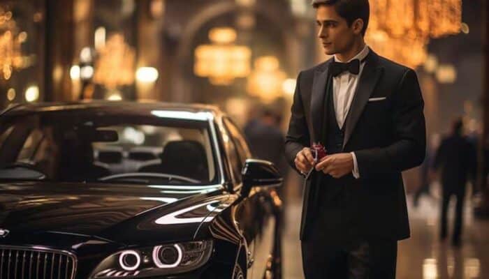 Man in tuxedo beside luxury car at night