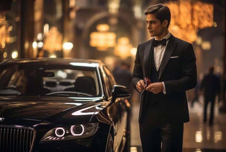 Man in tuxedo beside luxury car at night