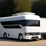 Futuristic white luxury motorhome with extended trailer section