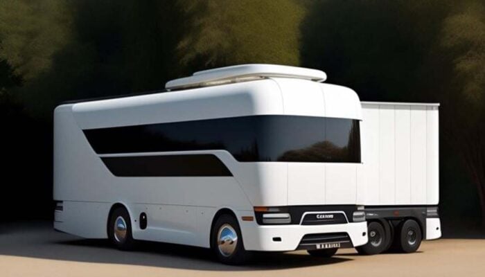 Futuristic white luxury motorhome with extended trailer section