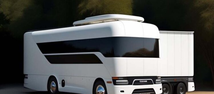 Futuristic white luxury motorhome with extended trailer section