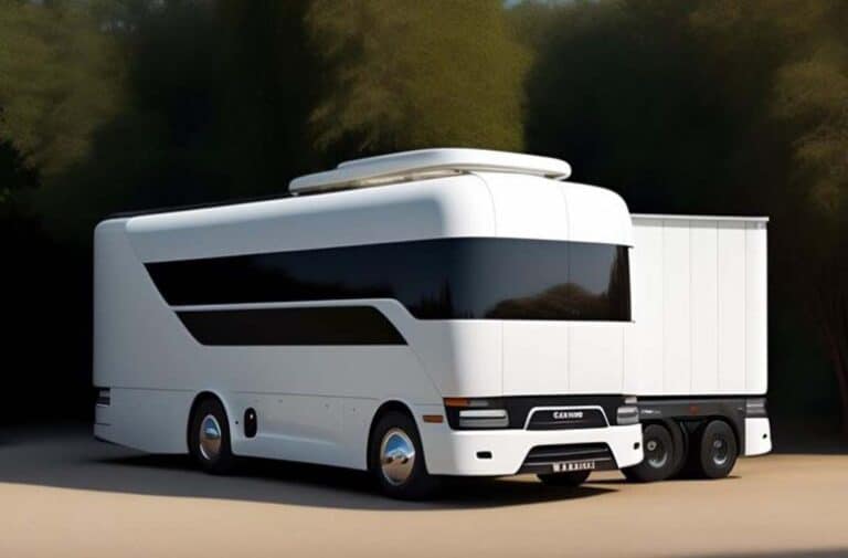 Futuristic white luxury motorhome with extended trailer section