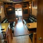 Luxury tour bus interior with leather seating