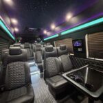 Luxury van interior with leather seats and starlit ceiling