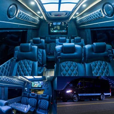 Luxury van interior with leather seats and exterior view