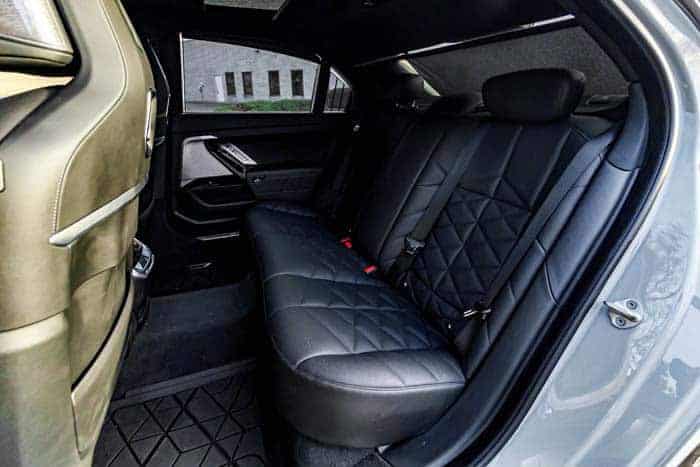 Black leather rear seats inside luxury car