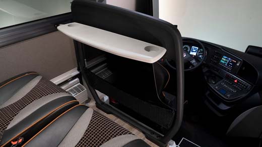 Bus driver cabin with steering wheel and dashboard