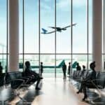Passengers waiting in airport terminal with plane taking off