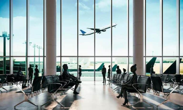 Passengers waiting in airport terminal with plane taking off