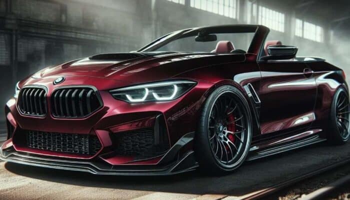 Red BMW convertible sports car in warehouse