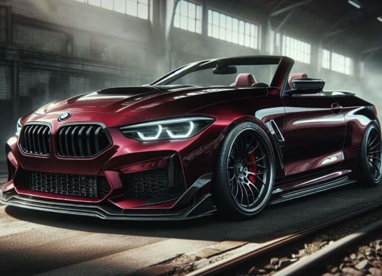 Red BMW convertible sports car in warehouse