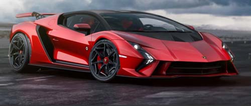 Red Lamborghini sports car on wet road
