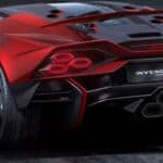 Red Lamborghini Invencible rear view on road