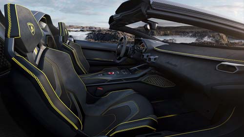 Luxury convertible sports car interior with yellow stitching