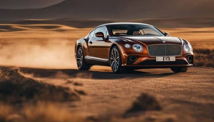 Luxury coupe driving on dusty desert road at sunset